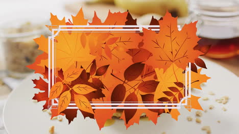 animación de marco con hojas de otoño sobre panqueques