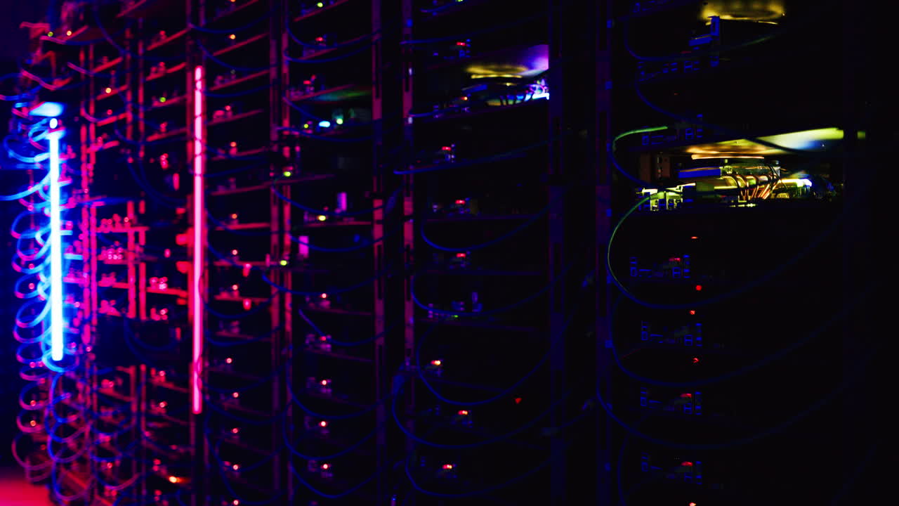 Close up of servers with flashing colourful lights in a data center