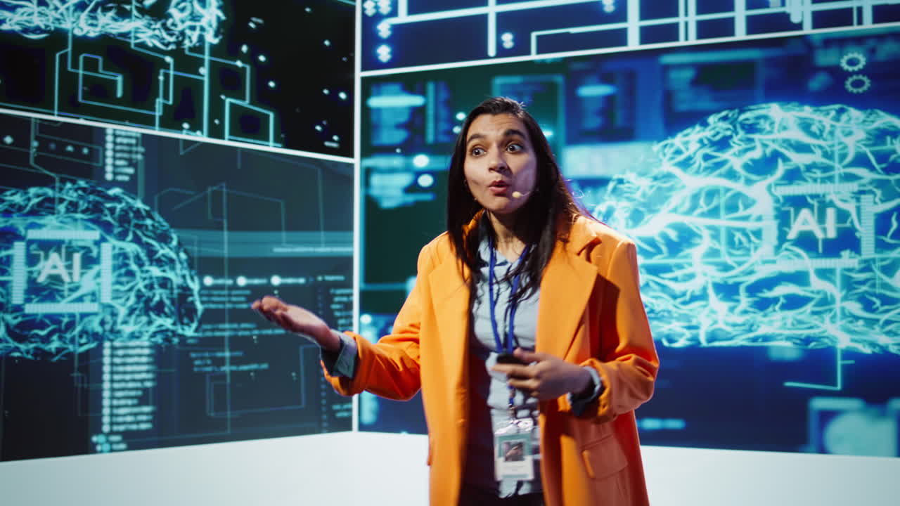 Speaker talking with audience on stage at AI conference