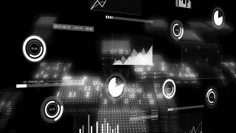 animation of financial data processing and binary coding over black background