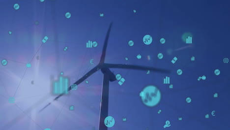 generating energy, wind turbine with financial data processing animation on blue background