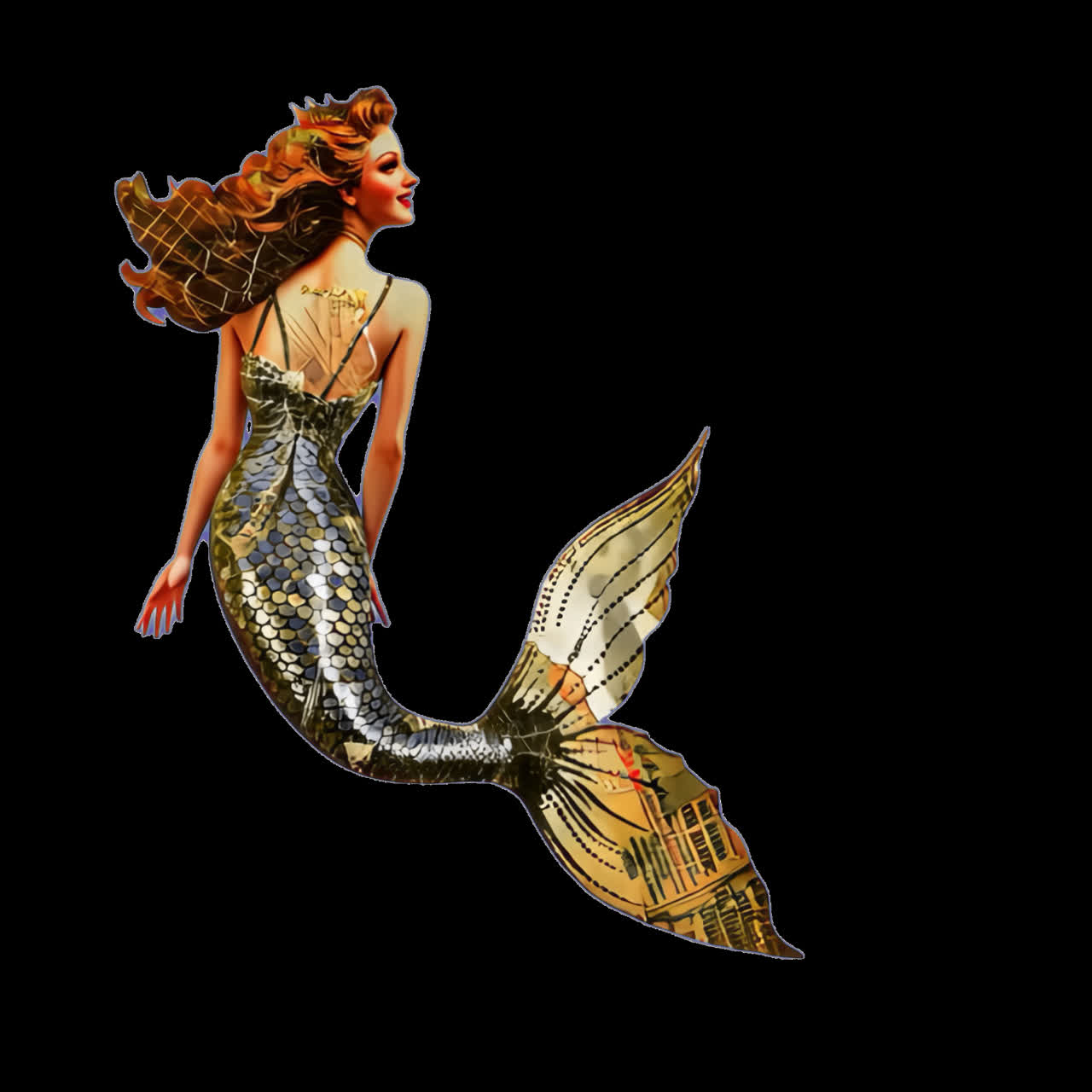 Vintage mermaid collage animation isolated asset, transparent 4K video, alpha channel, ProRes 4444