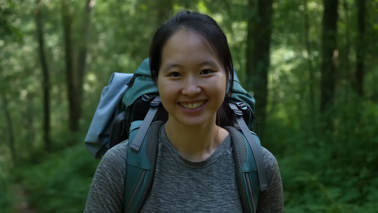 A young woman hiking in a forest and making an 'OK' gesture