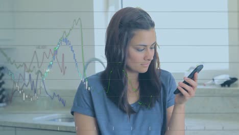 animation of multiple graphs, changing numbers, caucasian woman talking on video call over cellphone