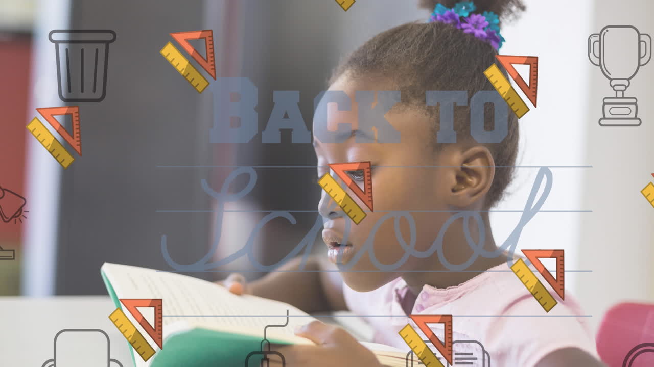 Animação de texto 'Volta às Aulas' sobre uma estudante a aprender