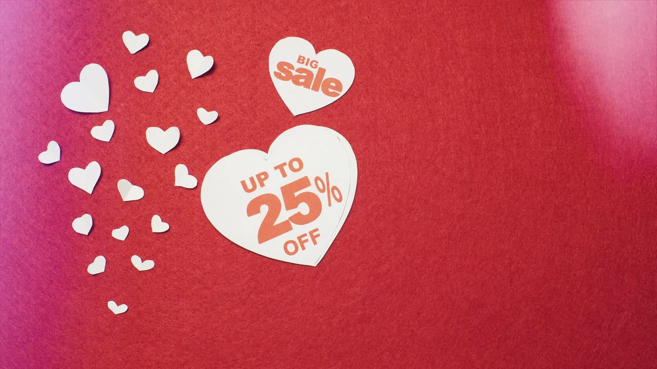 Many different hearts, big sale with percentage on red background