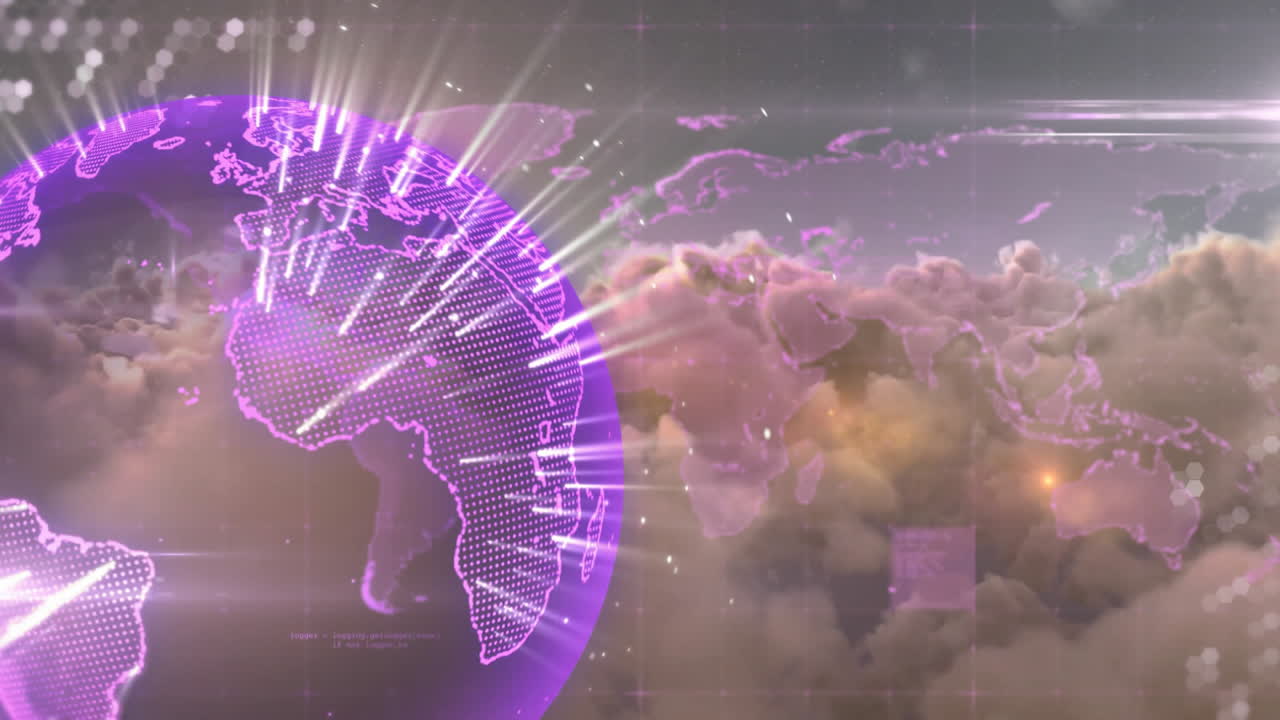 Glowing purple digital globe with animation lines over cloudy sky background