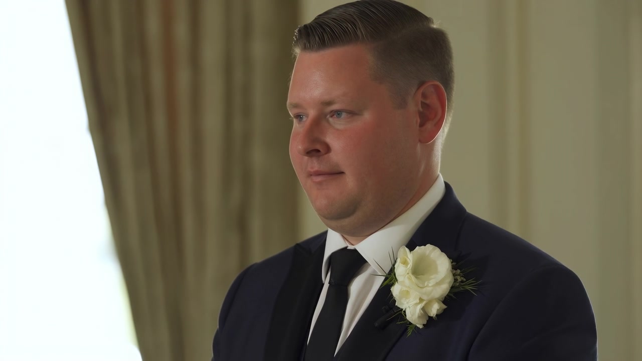 Close portrait shows a formally dressed man shifting his eyes and head slightly away from camera, with white lapel flowers, neat hair, neutral expression, and warm daylight by curtains.