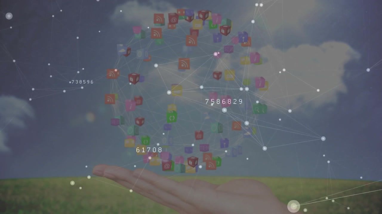 White dots forming network, cubes drifting toward rising hand, orbiting globe showing connections