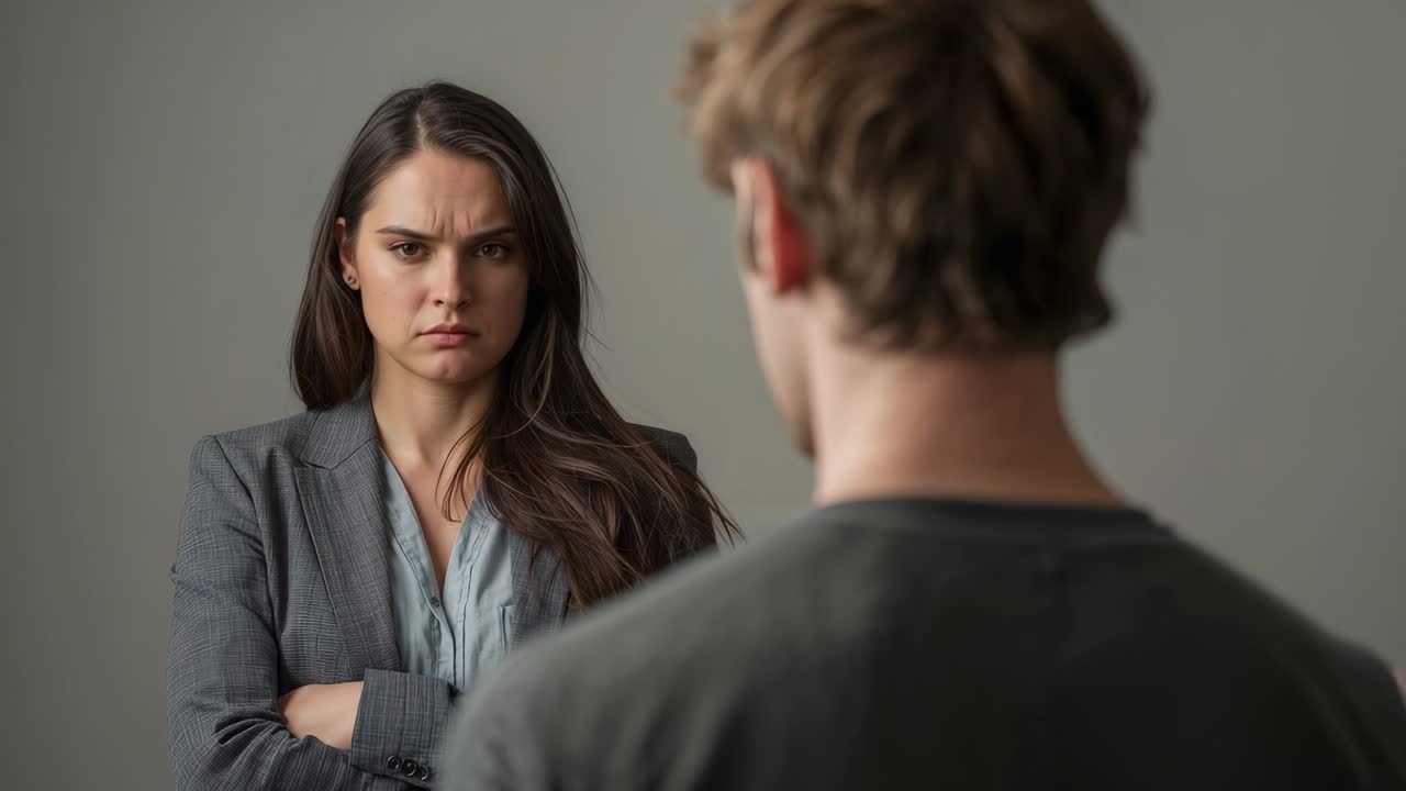Standing woman in gray blazer buttonup, arms folded, listening to man speaking in crewneck meeting
