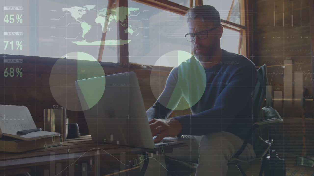 Animation of statistical data processing against thoughtful caucasian man using laptop at home