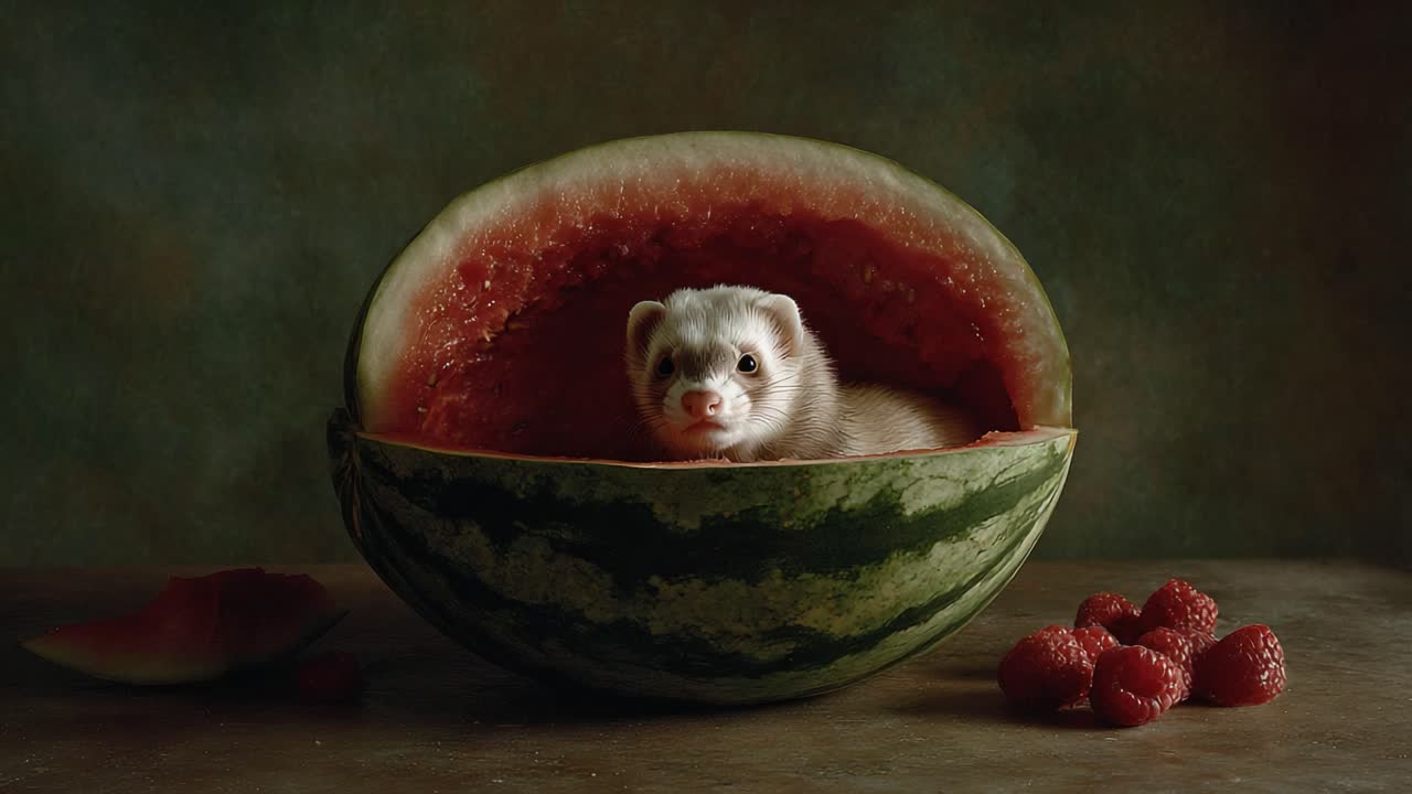 A Curious Ferret Peeks Out from a Juicy Watermelon Half While Surrounded by Fresh Raspberries in a Softly Lit Artistic Composition