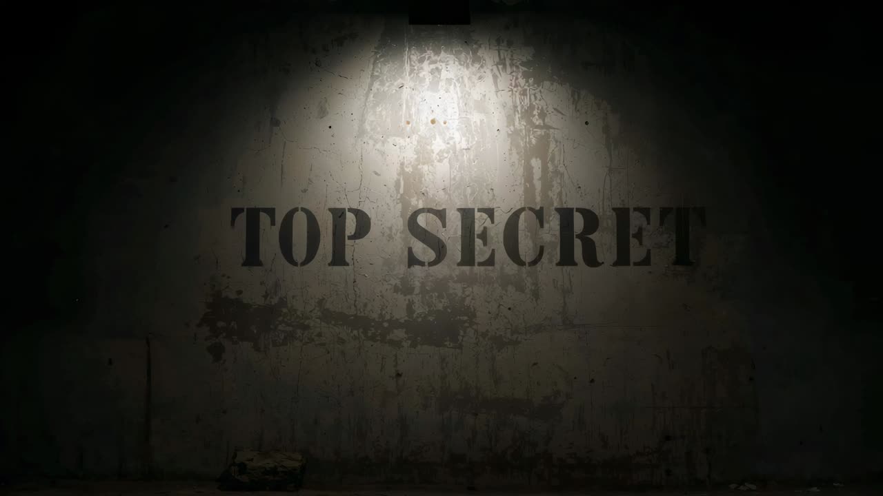 Flickering overhead spotlight revealing stenciled TOP SECRET in basement, exposing peeling paint