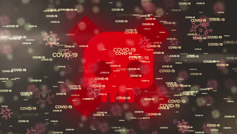 animation of falling multiple covid 19 text over warning sign on black background