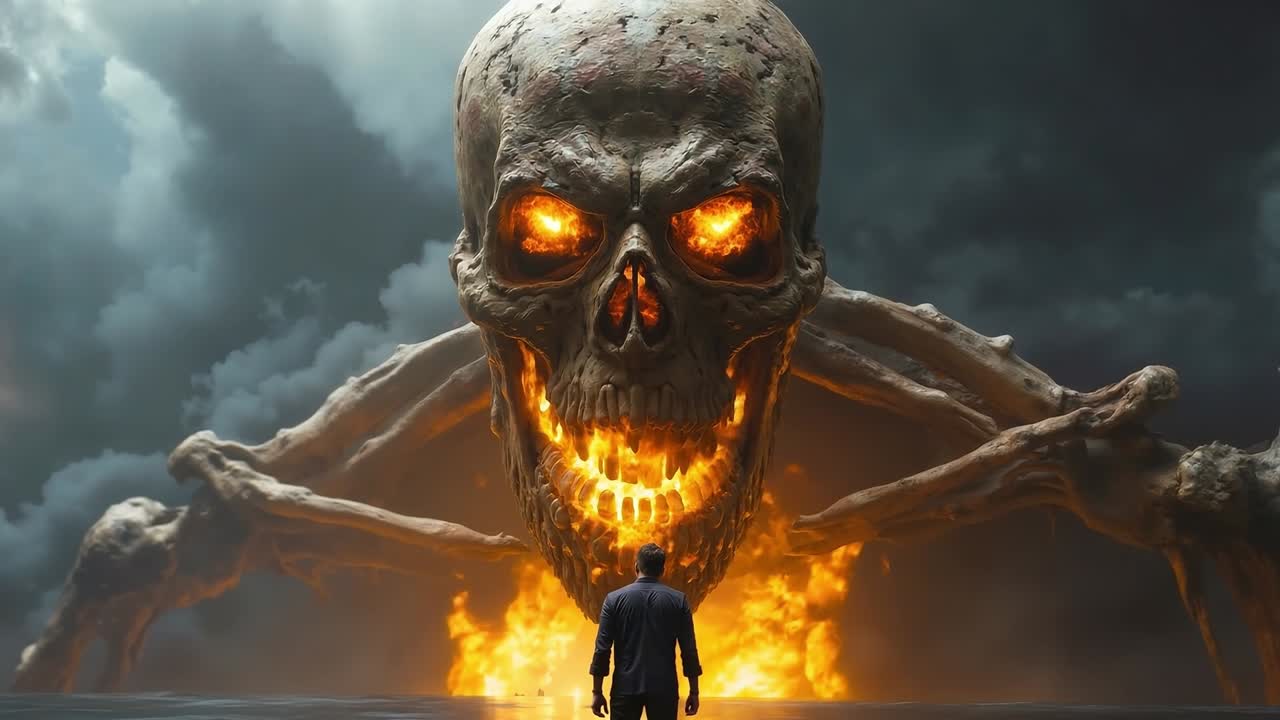 un hombre de pie frente a una araña gigante con ojos brillantes