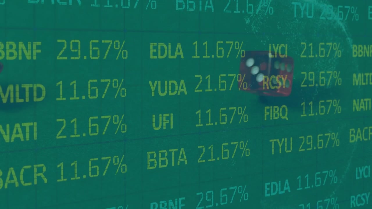 Animazione di elaborazione dati finanziari su dadi da gioco che cadono