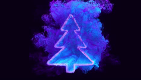 silueta de árbol de navidad, composición de año nuevo con luma matte como canal alfa, efecto de tinta. las partículas de brillo de colores se emiten bajo el agua y giran como tinta en el agua. fondo azul festivo.