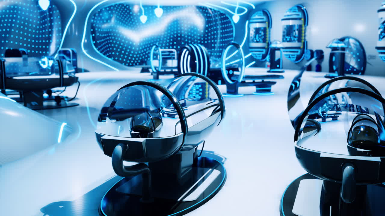 Futuristic high tech room filled with sleek capsules and glowing displays