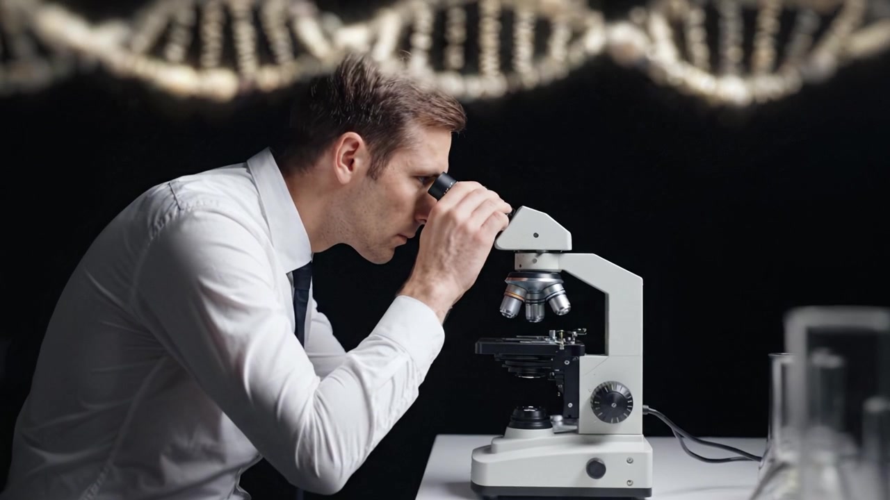 Focused Scientist Analyzing Genetic Material Under Microscope in Laboratory Environment for Research and Discovery Related to DNA and Biotechnology Innovations