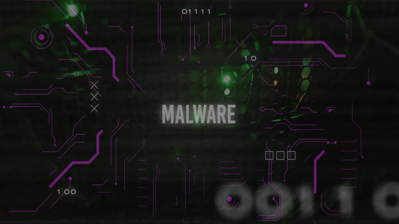 Malware text animation over digital code and green lights background