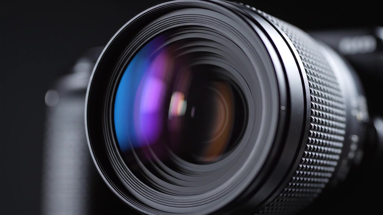 Close-up of Professional DSLR Camera Lens with Colorful Reflections