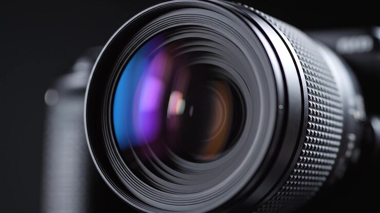 Close-up of Professional DSLR Camera Lens with Colorful Reflections