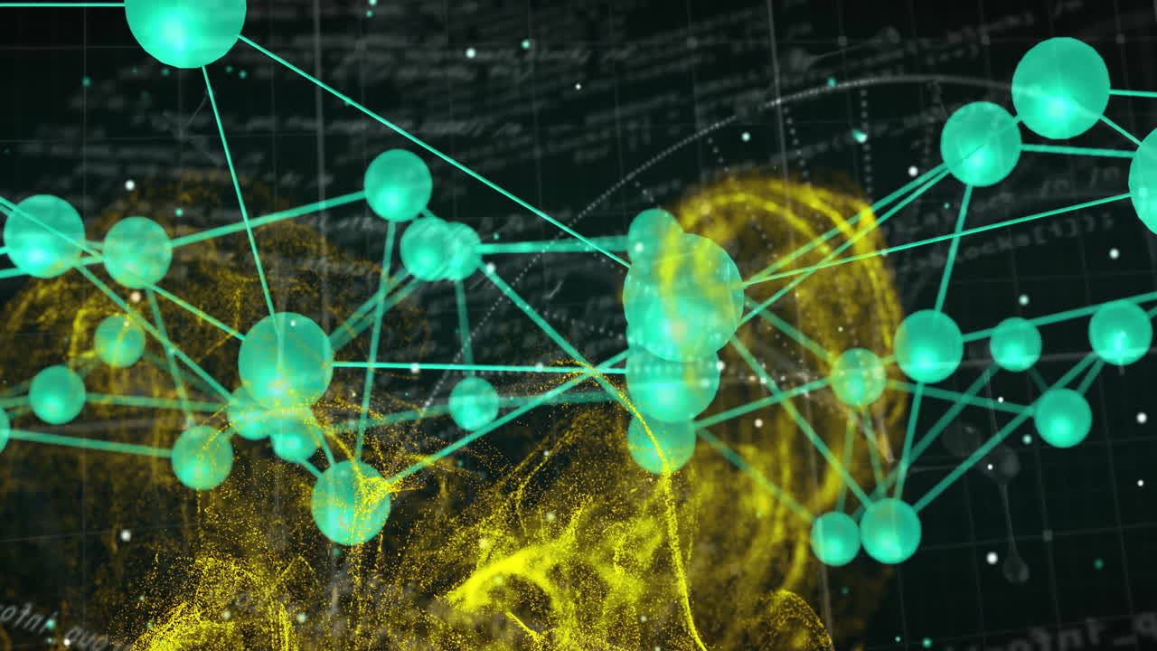 Glowing green network nodes connecting on abstract yellow background in animation