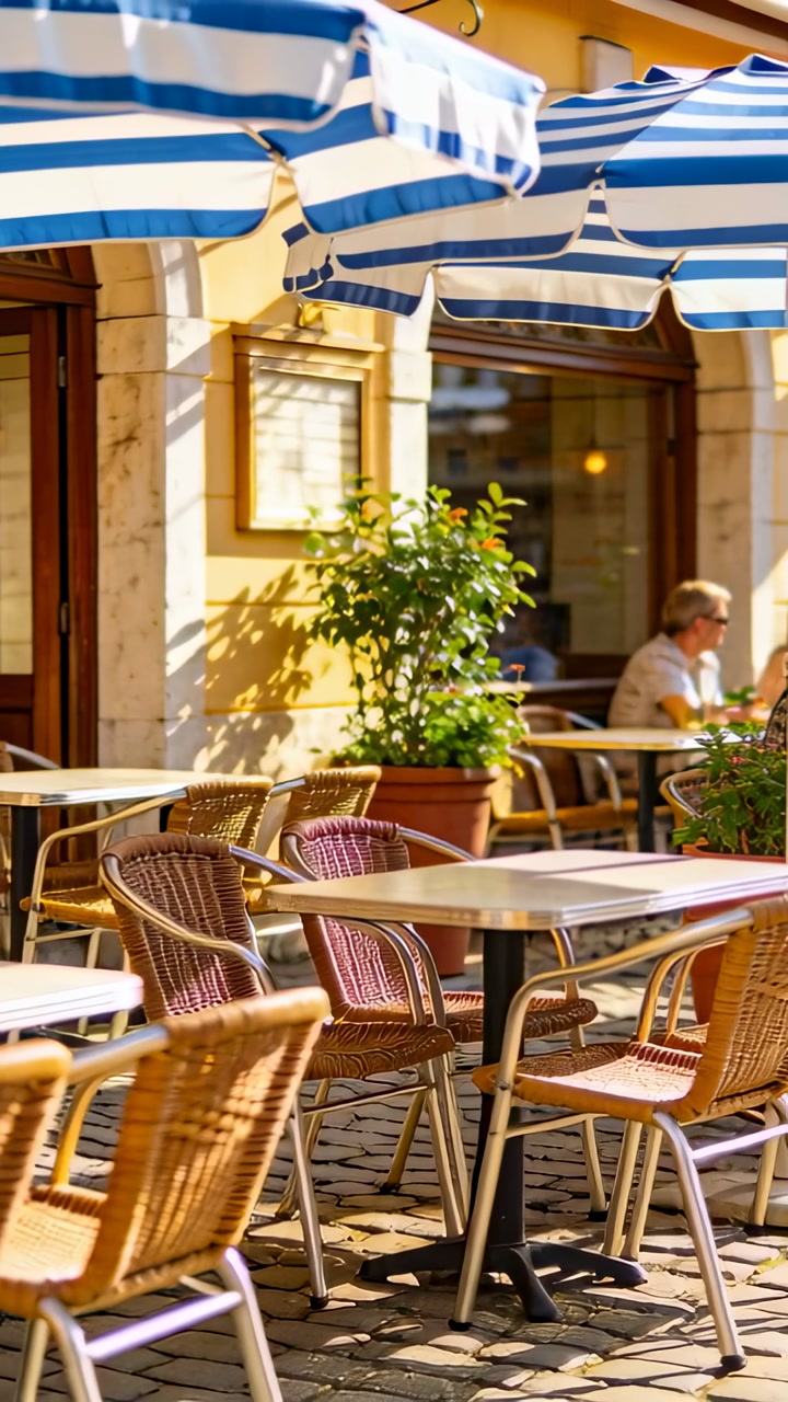 Vertical video: Panning table wicker chairs camera showing cafe patio and man in light shirt shades