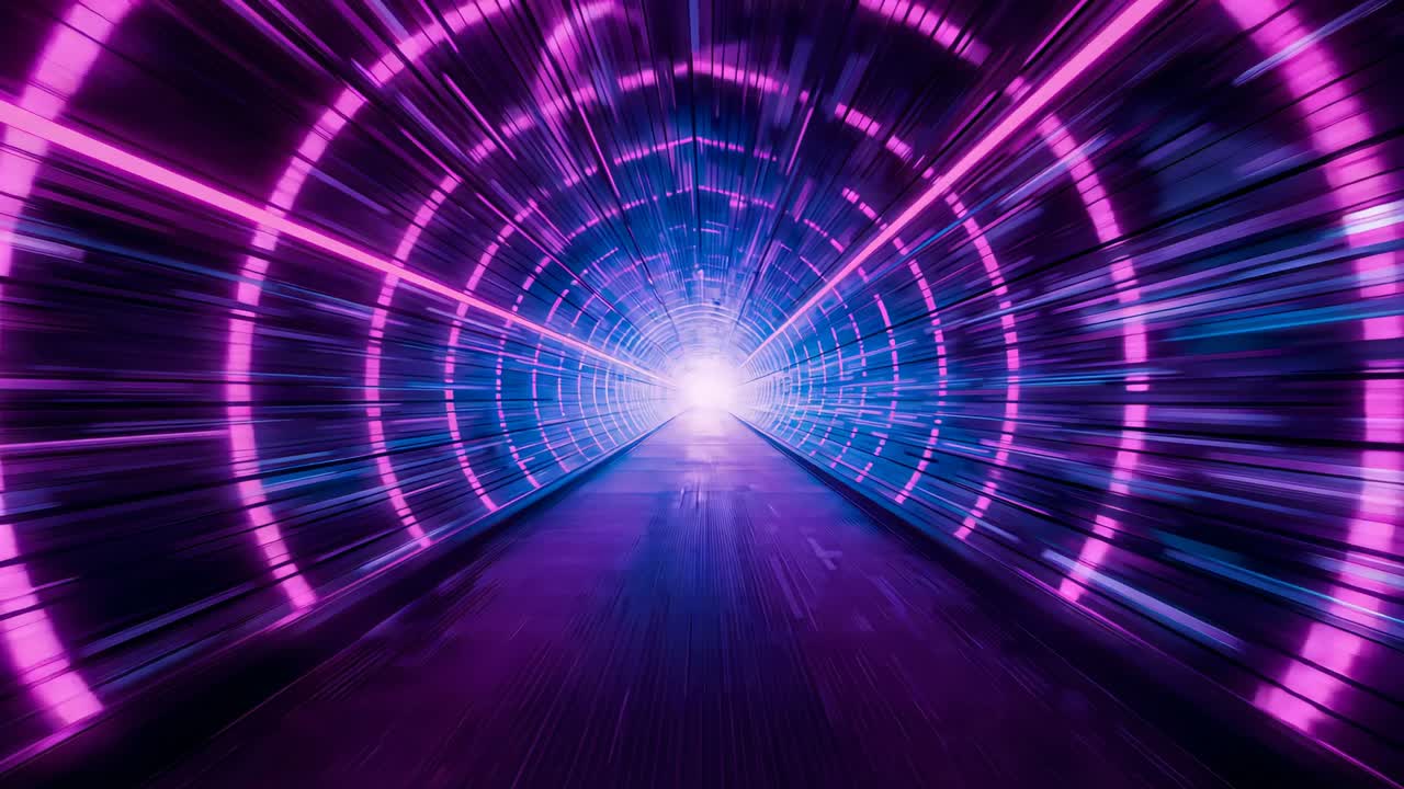 Moving camera entering lit tunnel toward bright point, conveying motion via magenta cyan LED rings