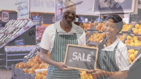 holding sale sign, grocery store workers smiling over discount animation