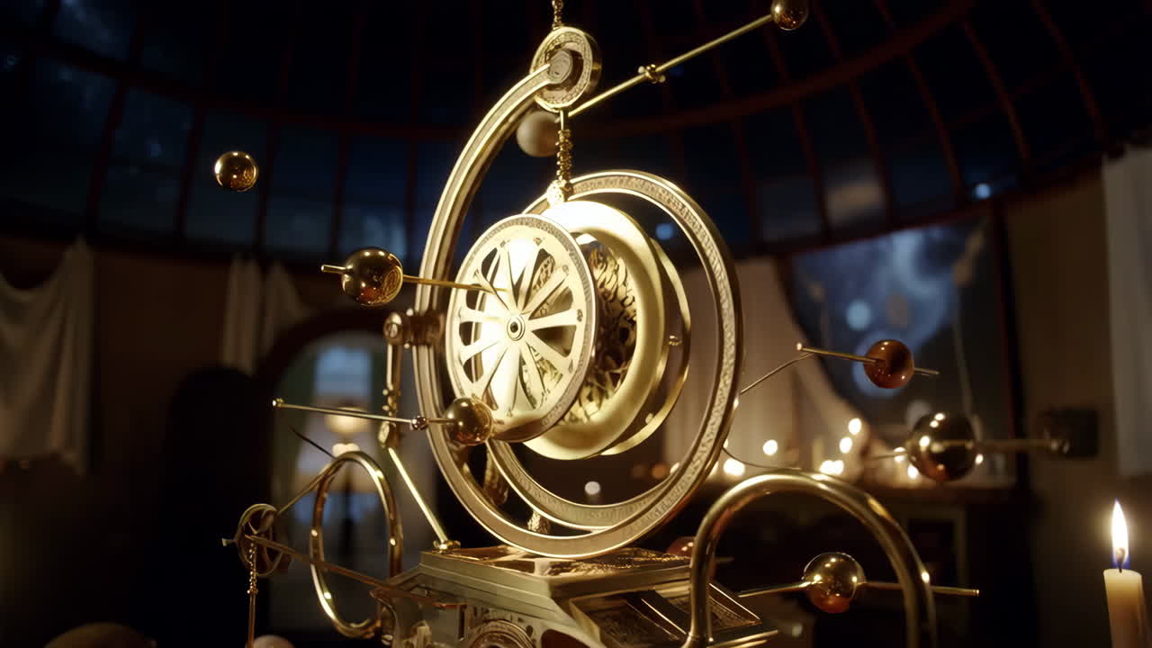 Golden Mechanical Orrery Celestial Model in Candlelit Observatory