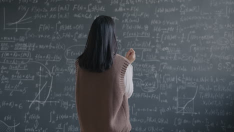 Woman Studying Equations on a Blackboard