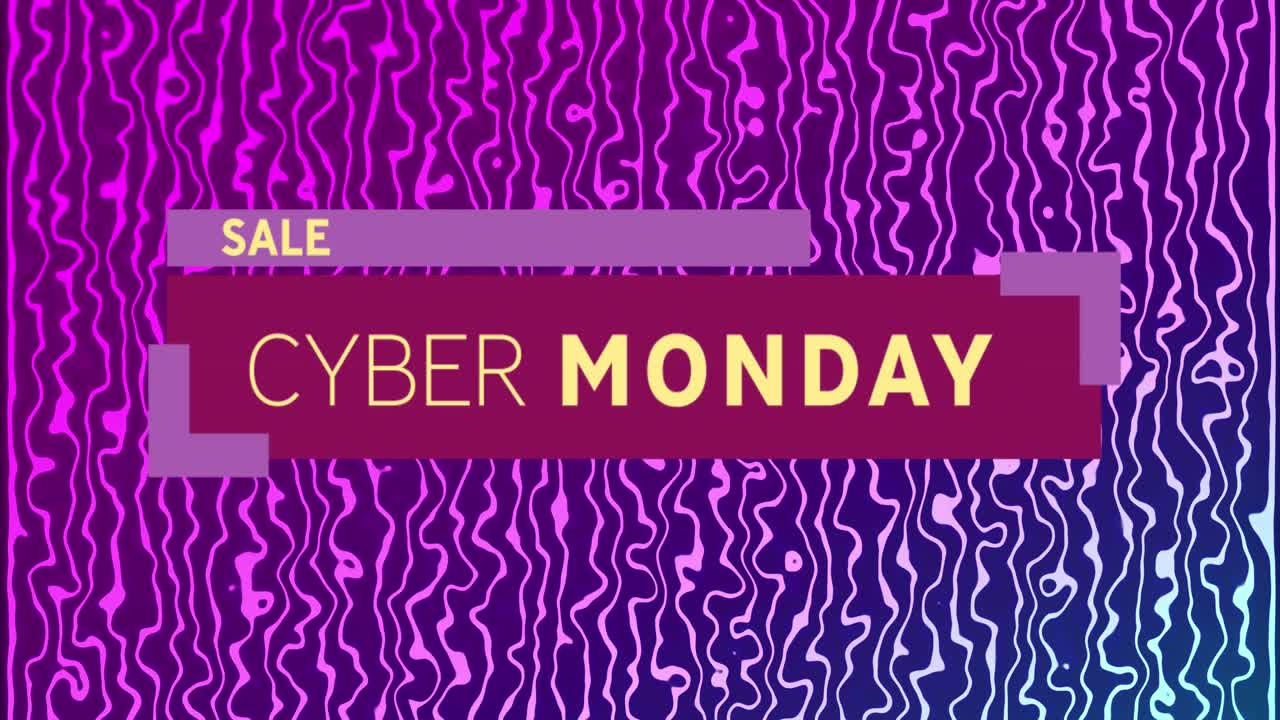 Animation of cyber monday sale text in yellow letters over neon purple waving lines