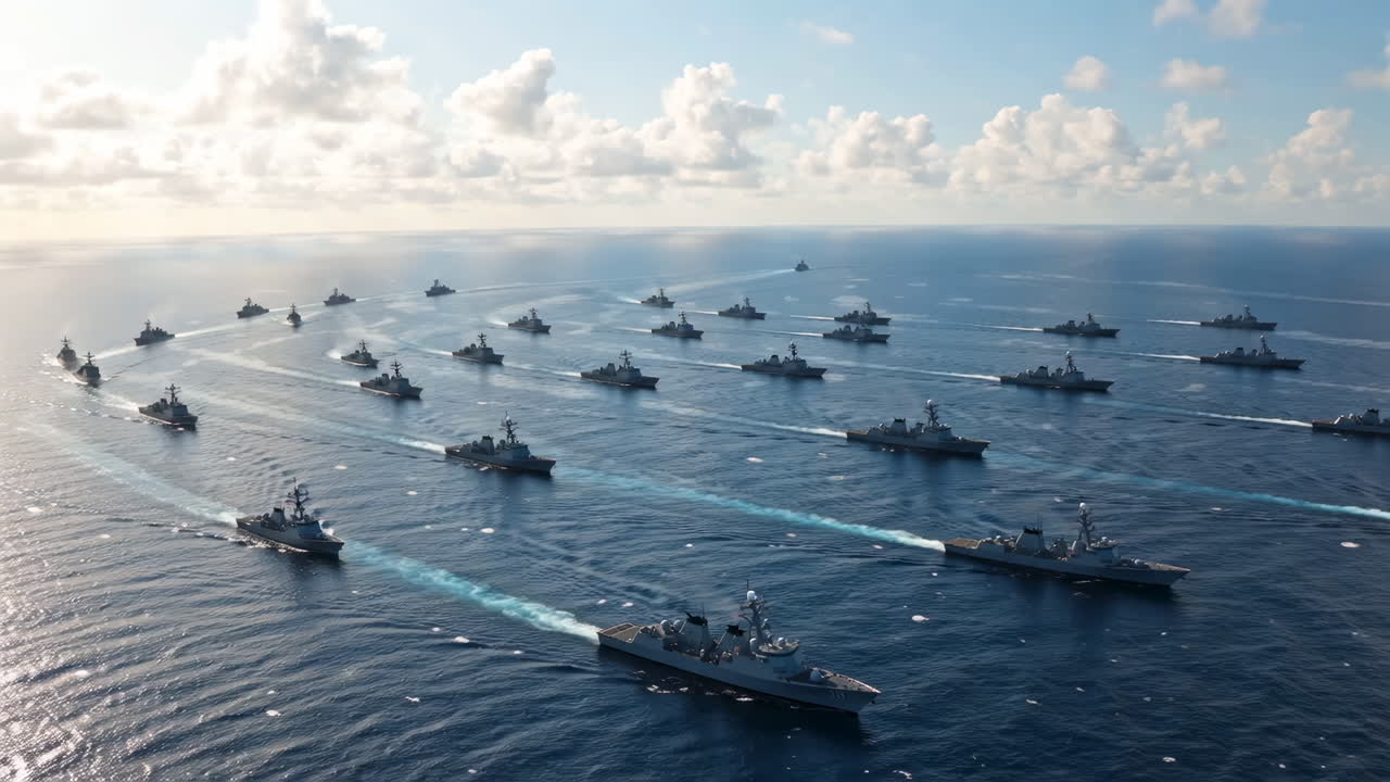A large naval fleet of warships sailing in formation on the open ocean under a partly cloudy sky