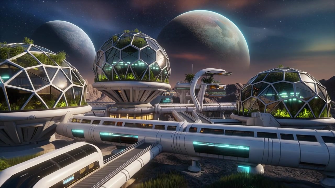 Futuristic Space Colony with Geodesic Domes on Alien Planet