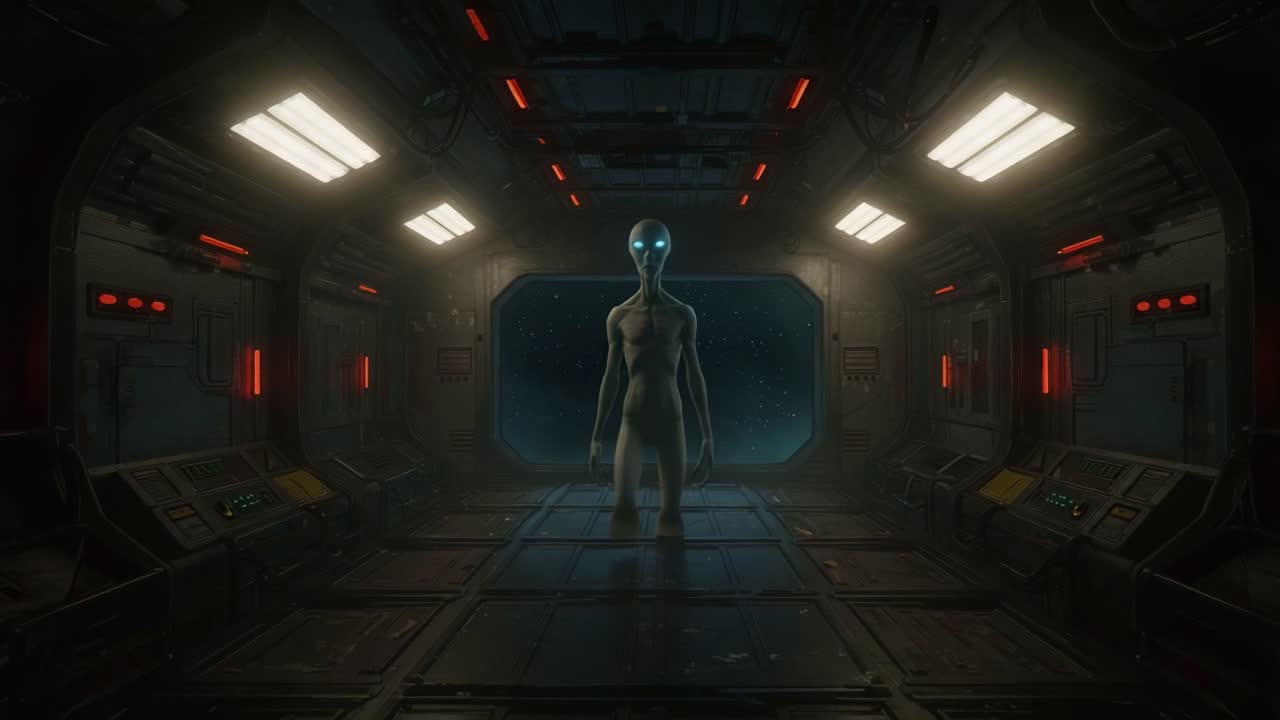 A Mysterious Alien Encounter in a Dark, Futuristic Space Corridor with Glowing Eyes and Sci-Fi Elements