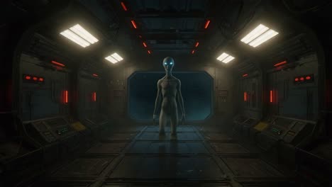a mysterious alien encounter in a dark, futuristic space corridor with glowing eyes and sci-fi elements