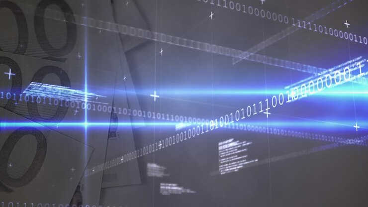 Animation of data processing over euro banknotes