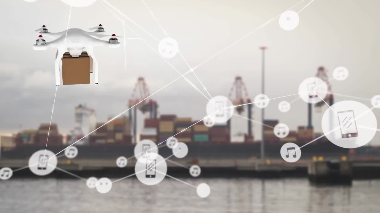 패키지와 함께 배달 드론을 통해 아이콘과 연결 네트워크의 애니메이션