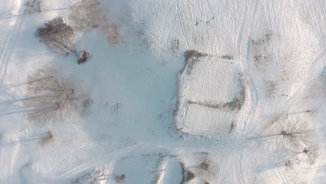 a reversed clip of a birds-eye view aerial over a snow-covered golf course with fir trees and other visuals