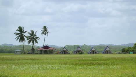 nube de lapso de tiempo y campo de arroz con cocotero y pequeña casa en air papan mersing, malasia