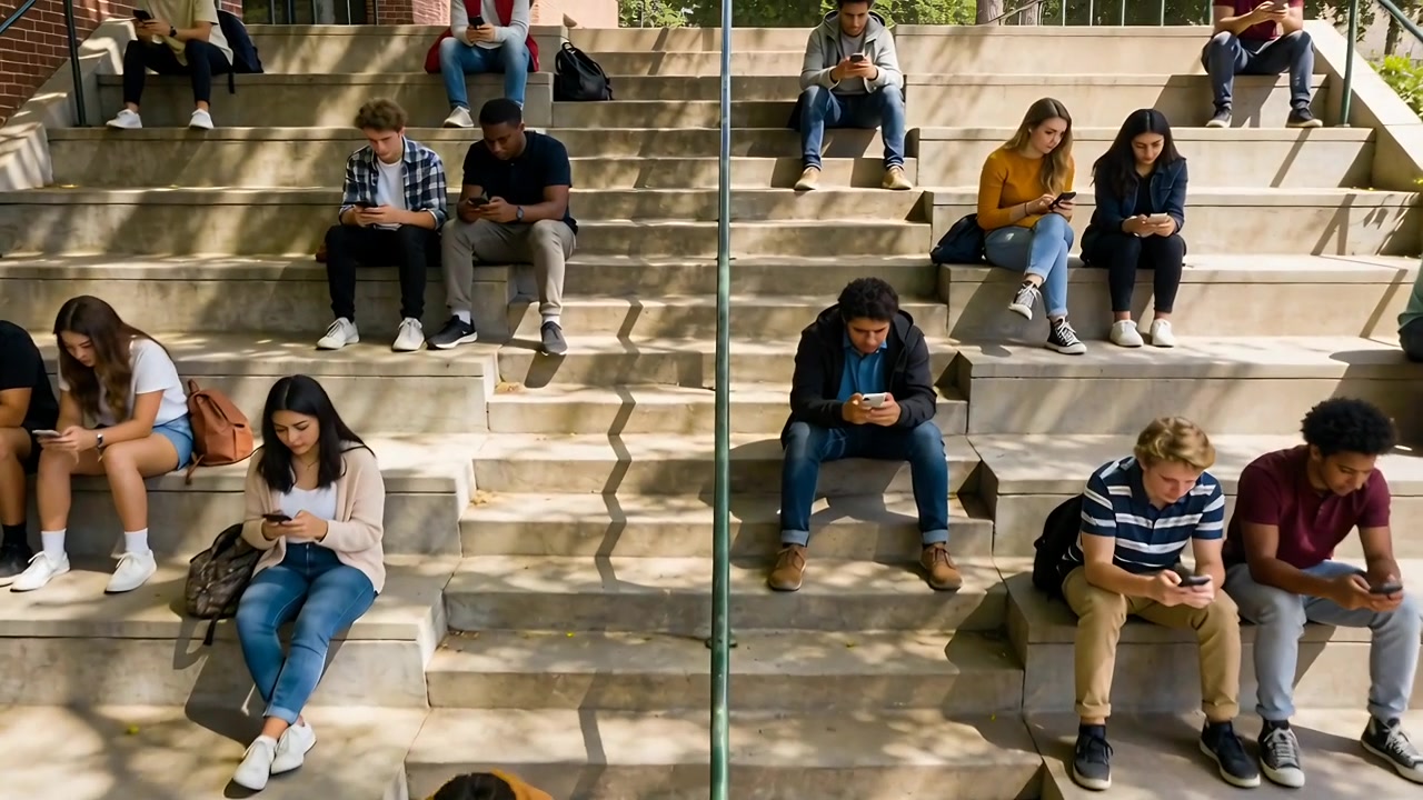 La cámara se mueve mostrando a estudiantes deslizando sus smartphones en las escaleras del campus entre clases, con mochilas.