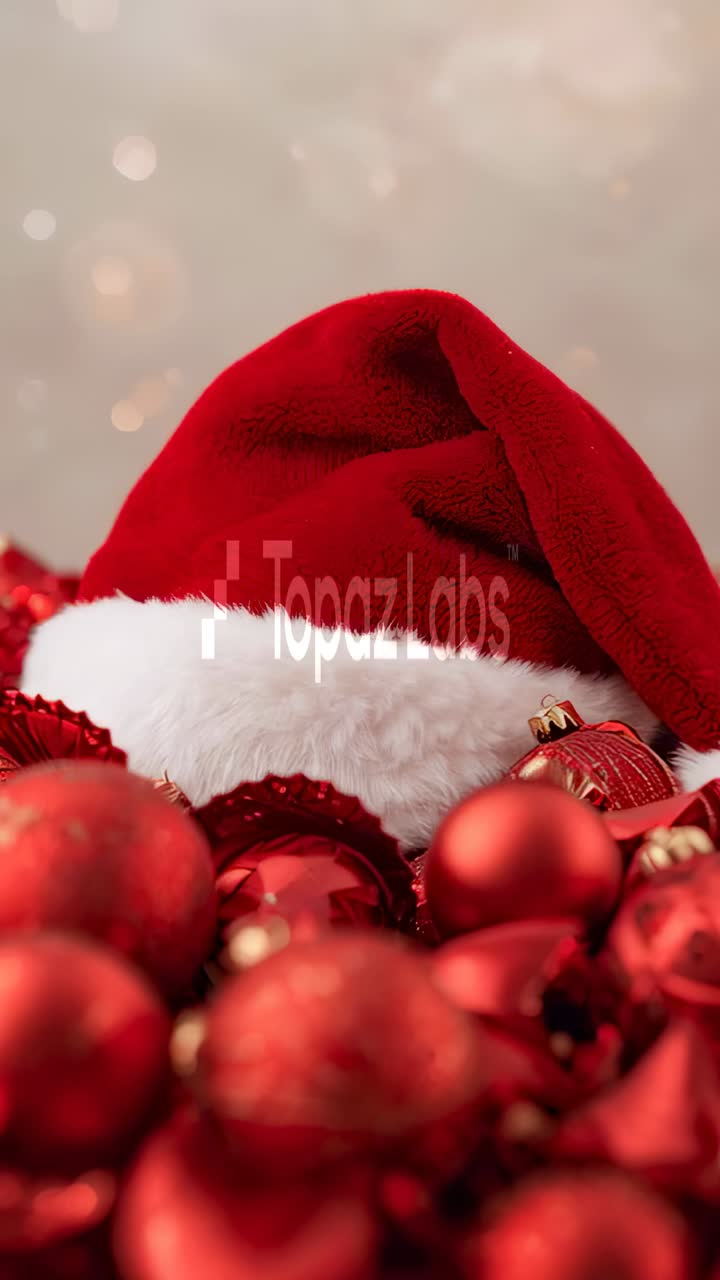 Vertical video: Showing focus shift making bokeh shimmer around red Santa hat and balls adding glow