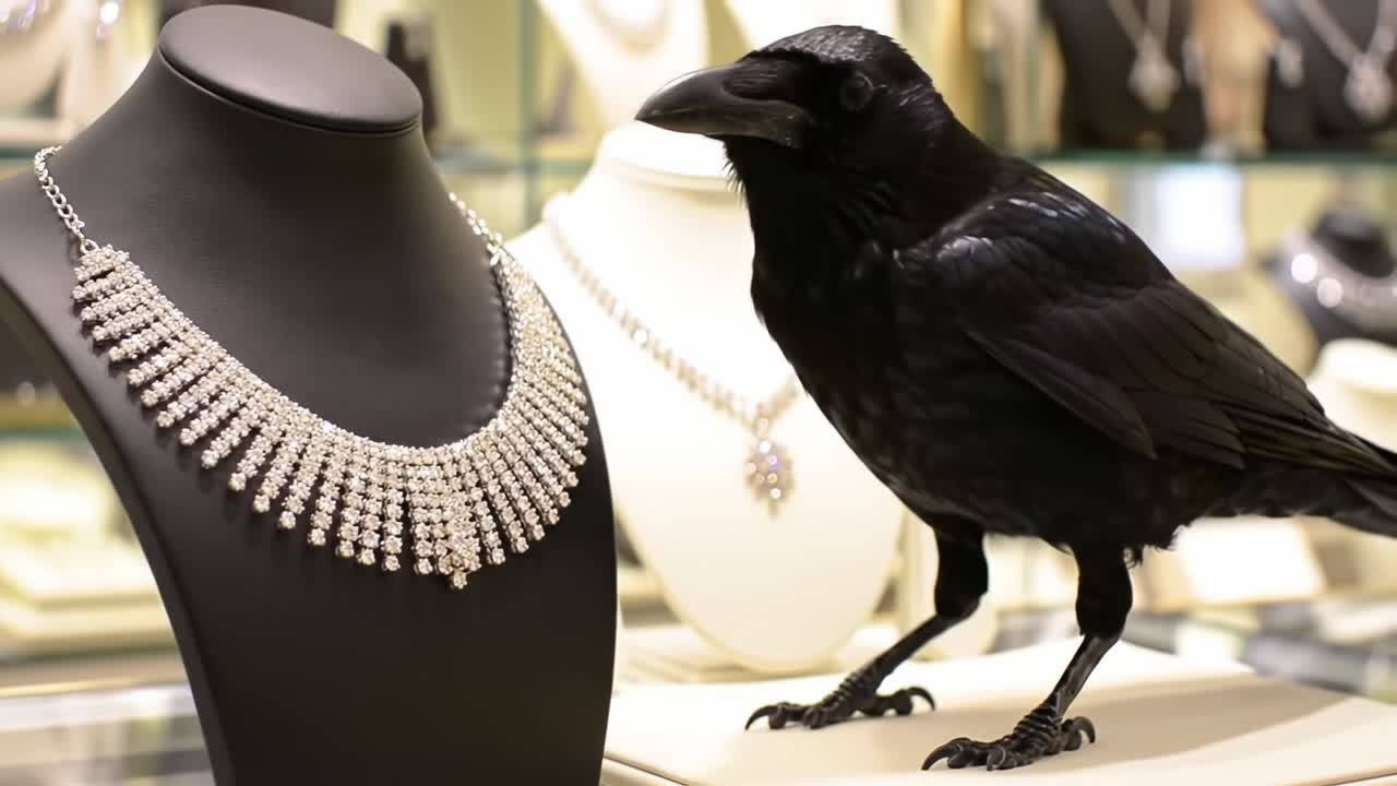 A Curious Crow Investigates a Sparkling Necklace Displayed Elegantly on a Mannequin in a Luxurious Jewelry Store Setting