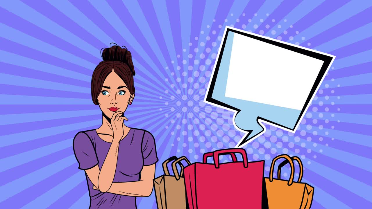 쇼핑 가방과 연설 버블을 가진 아름다운 여성 팝 아트 스타일