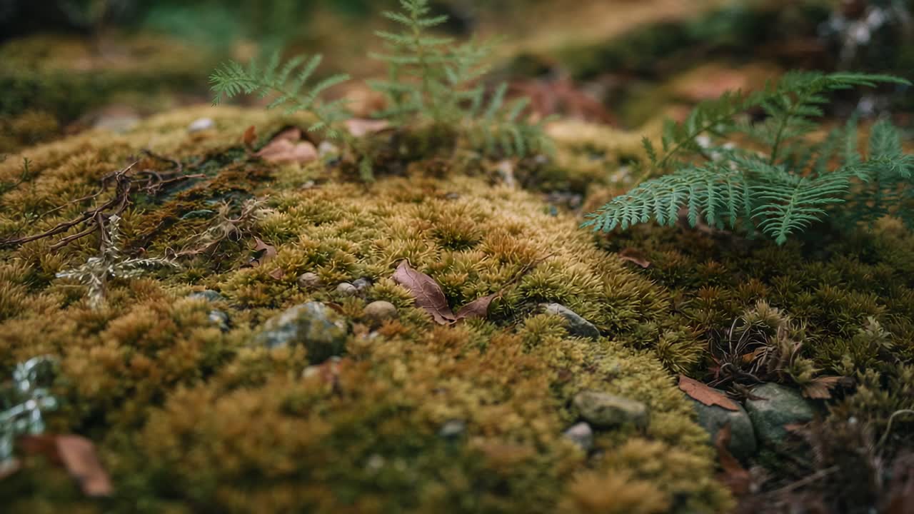 Inizio camera con movimento lento sul suolo della foresta, rivelando la texture del muschio, i ciottoli, la foglia arricciata