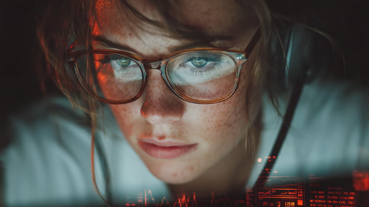 Focused Gamer Thrilled by Bright Screen Reflections: A Deep Dive into the World of Gaming and Streaming Culture as Light Dances Off Her Glasses