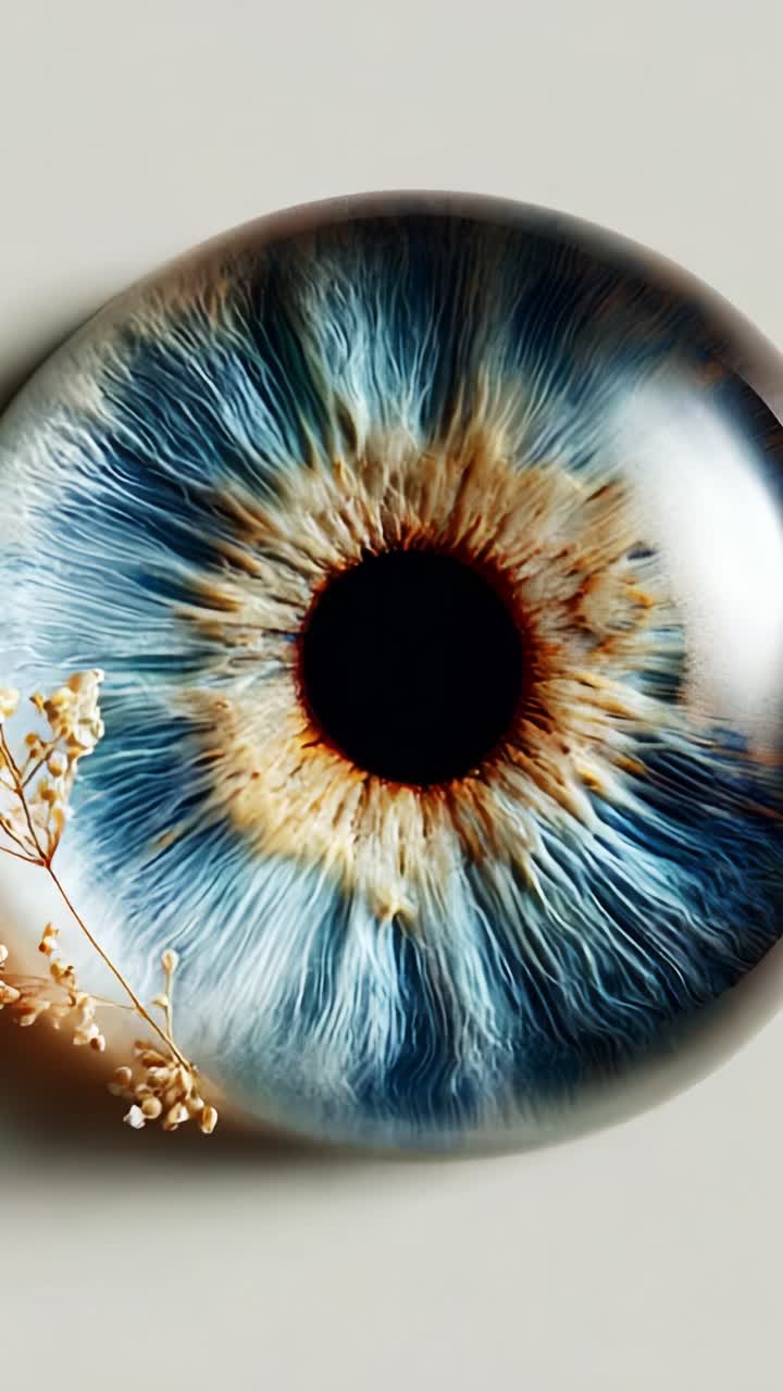 Eine atemberaubende Nahaufnahme eines komplexen Auges mit faszinierenden Mustern und Farben, umgeben von zarten botanischen Elementen in einem ruhigen Design