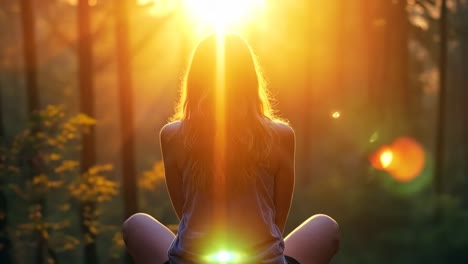 a woman sitting on a rock in the woods at sunset