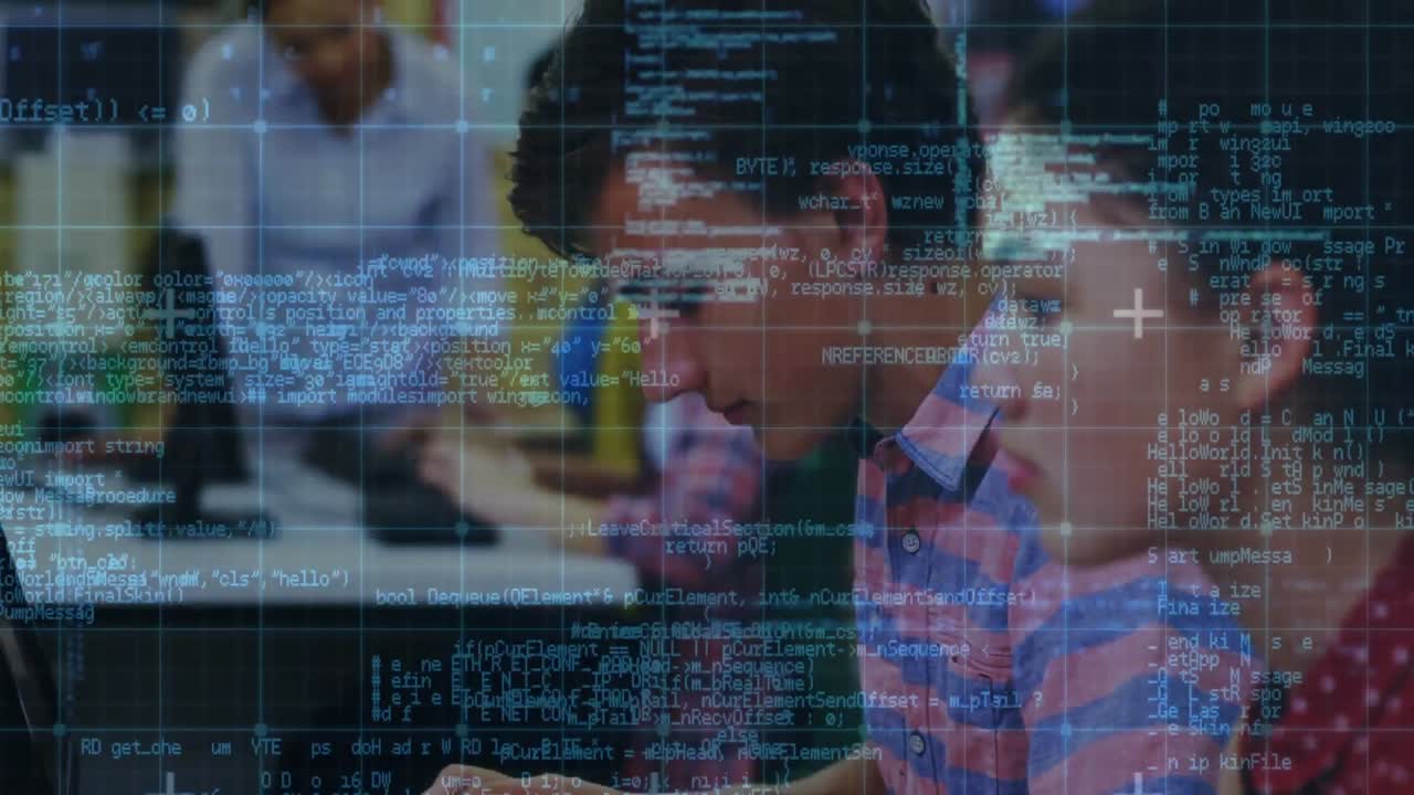 procesamiento de datos a través de líneas de cuadrícula contra estudiantes varones usando computadora